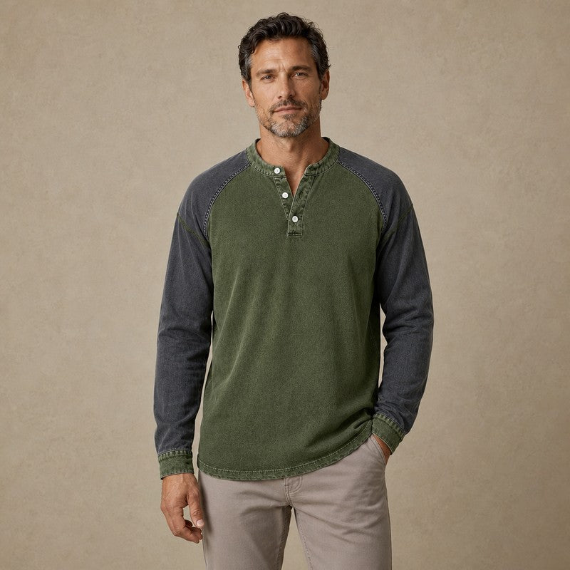 Colorblock Washed Cotton Henley Shirt