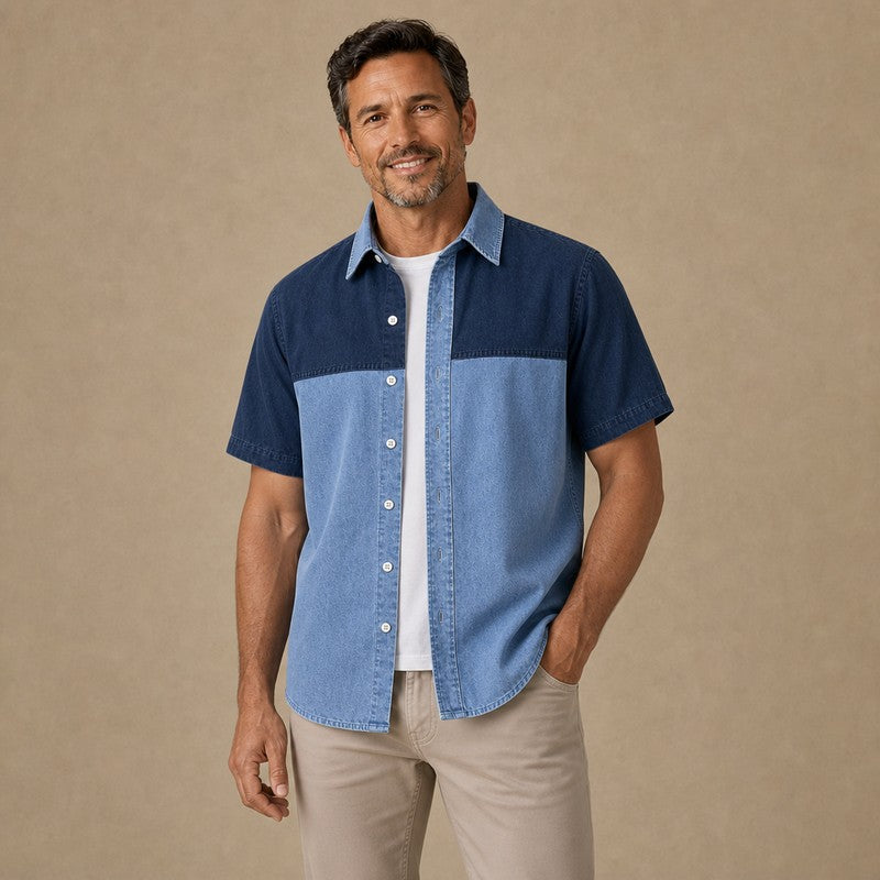 Washed Cotton Colorblock Denim Shirt