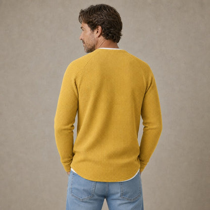 Textured Waffle Notched Crewneck Henley
