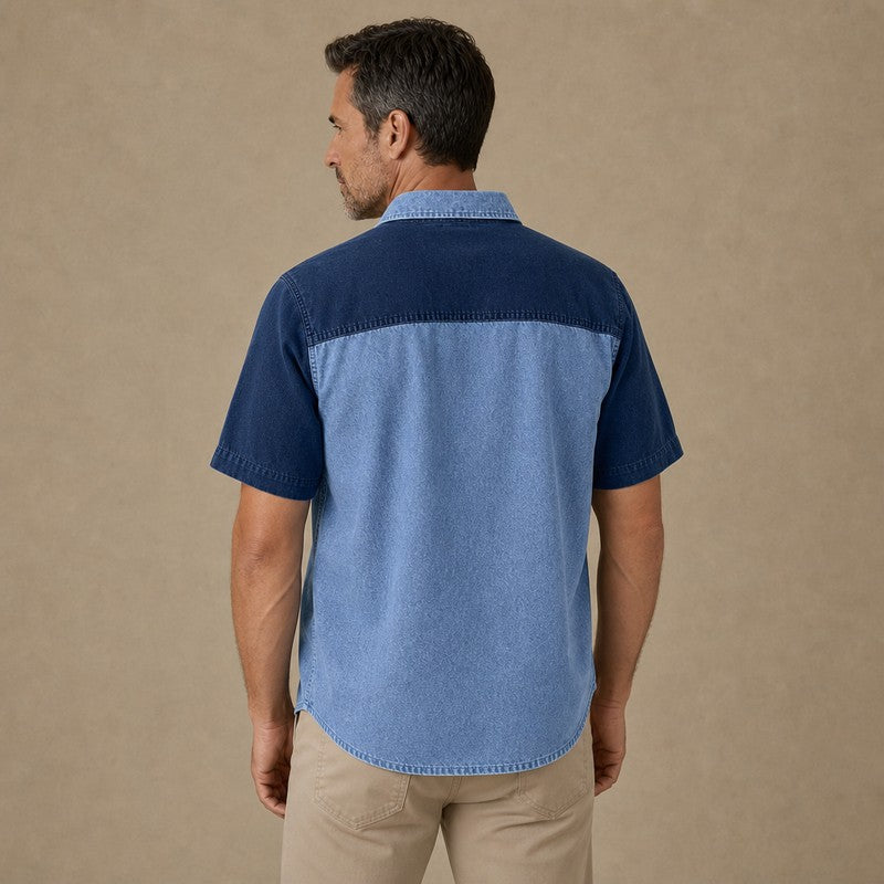 Washed Cotton Colorblock Denim Shirt