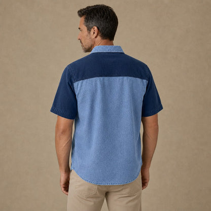 Washed Cotton Colorblock Denim Shirt