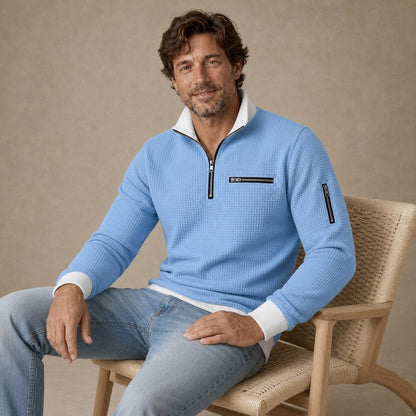 Colorblock Textured Waffle Quarter Zip Polo