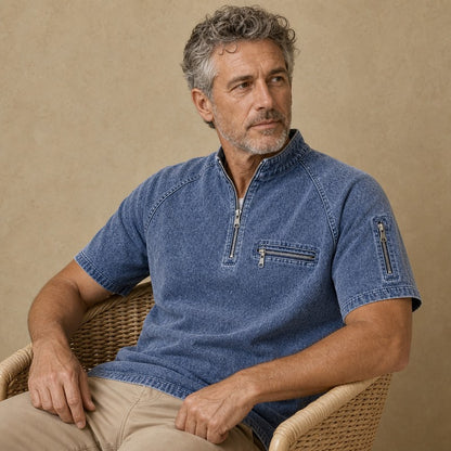 Broken-In Cotton Zip Up Henley Shirt