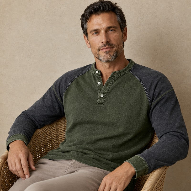 Colorblock Washed Cotton Henley Shirt