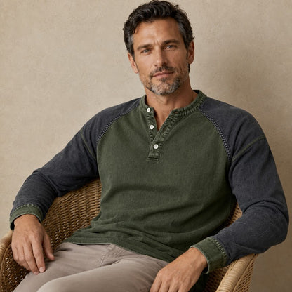 Colorblock Washed Cotton Henley Shirt