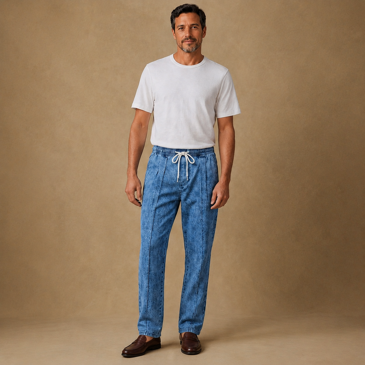 A man modeling blue denim drawstring pants with a white t-shirt and brown leather shoes, standing against a warm beige studio backdrop.