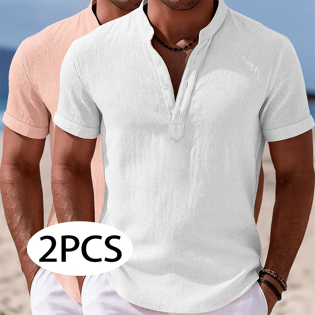 2Pcs Casual Linen Shirts Short Sleeve Summer Essential