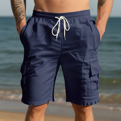 Men's Linen Shorts-Summer Drawstring Shorts with Multiple Pockets