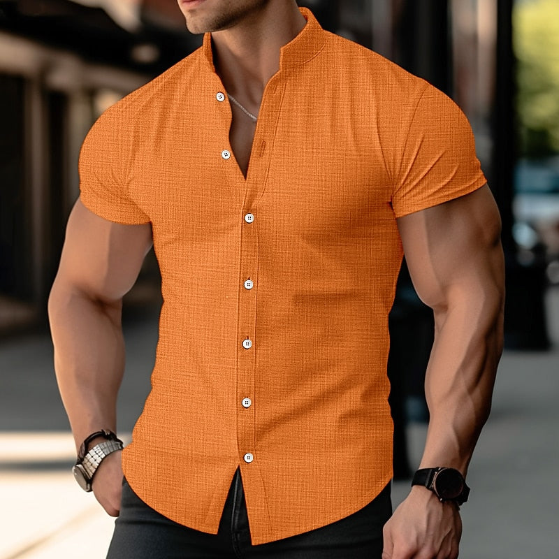 Soft Linen Shirt for Men - Band Collar Short Sleeve