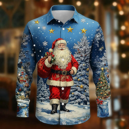 Christmas Santa Tree Snowflake Button Shirt