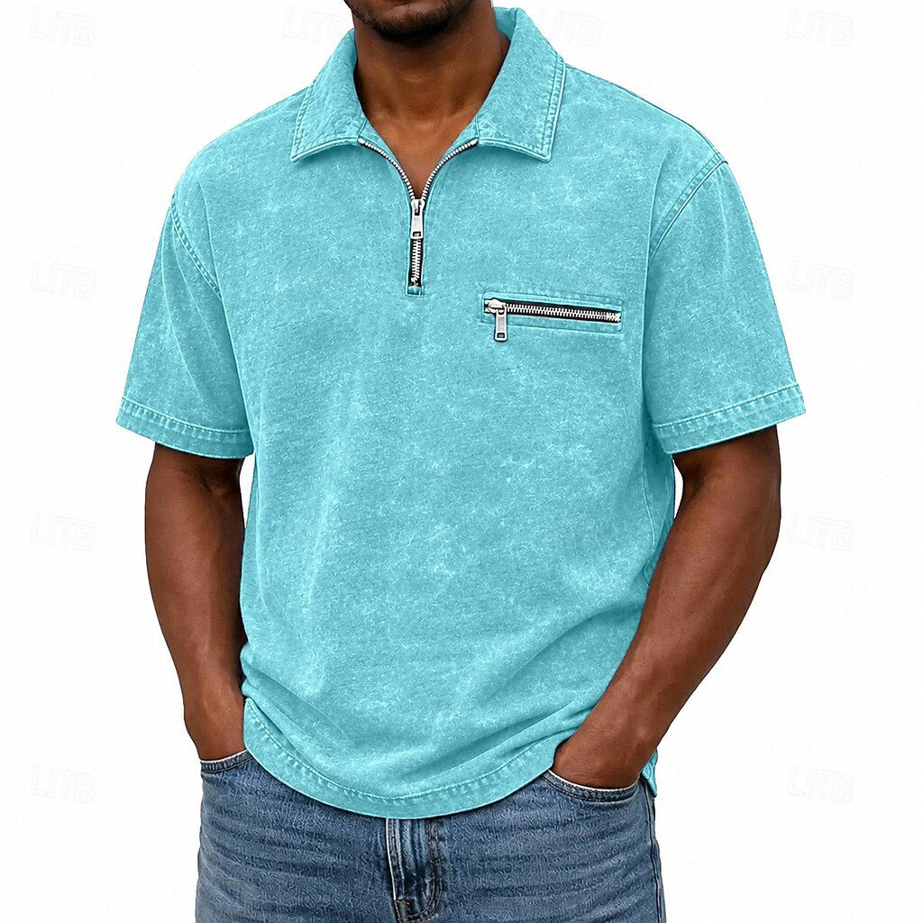 Zip Up Washed Cotton Polo