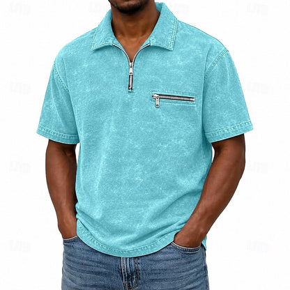 Zip Up Washed Cotton Polo