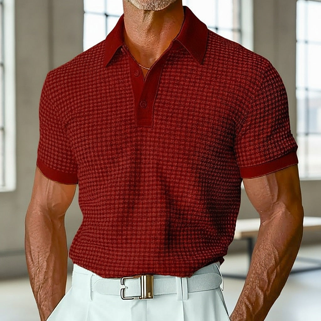 Textured Waffle Polo-Soft Summer Lapel Collar Shirt