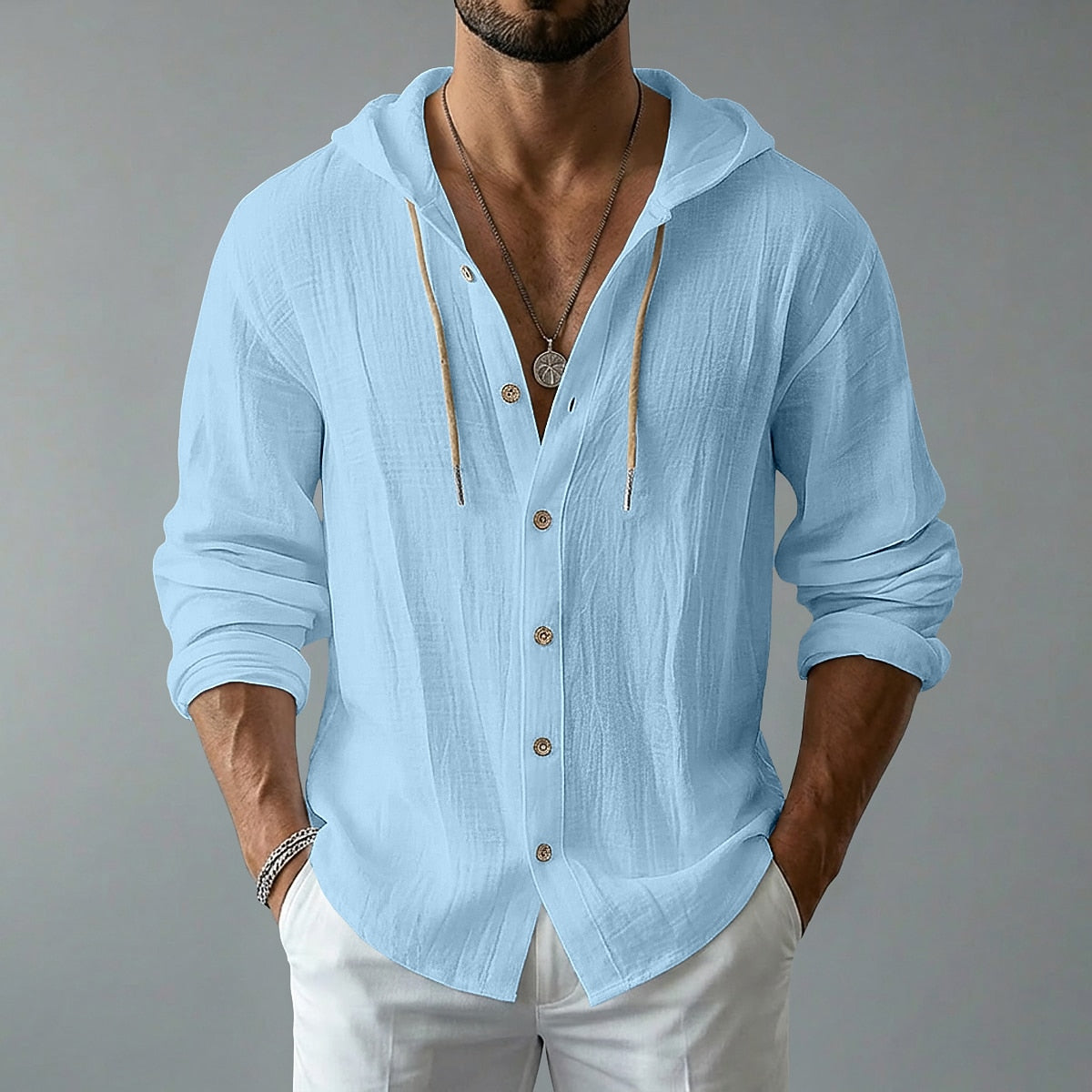 Lightweight Button Up Linen Hooded Shirt