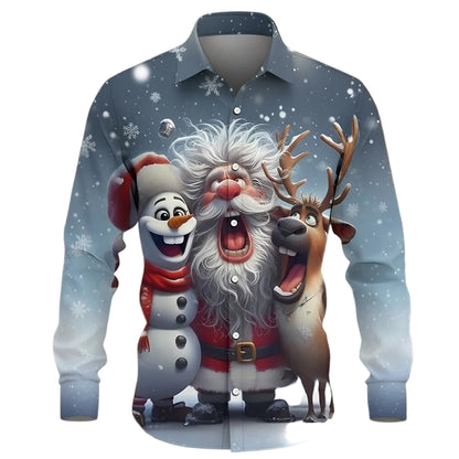 Christmas Santa Snowman Reindeer Button Shirt