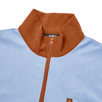 Patchwork Corduroy Zipped Henley Shirt