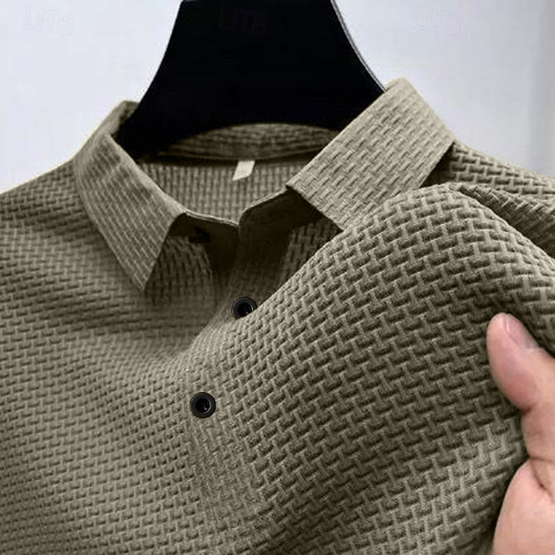 Basic Waffle Polo Shirt-Casual Short Sleeve Men's Top