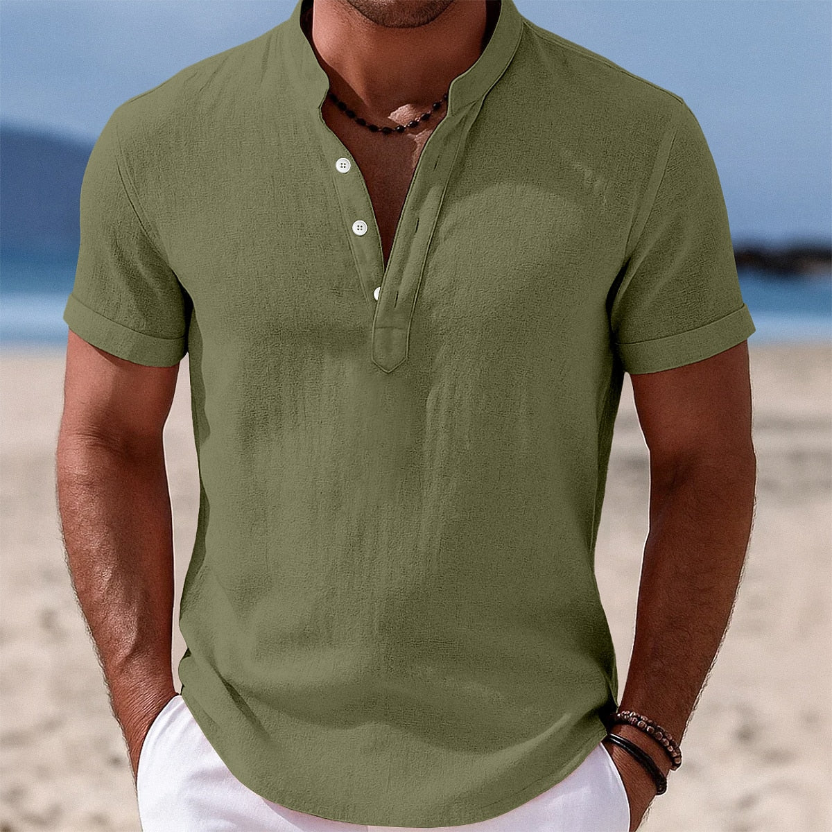 Cotton Linen Shirt with Band Collar Design