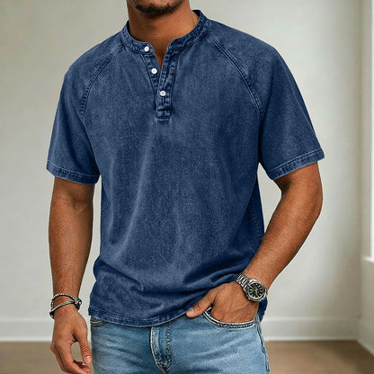 Retro 100% Cotton Demin Henley T-Shirt