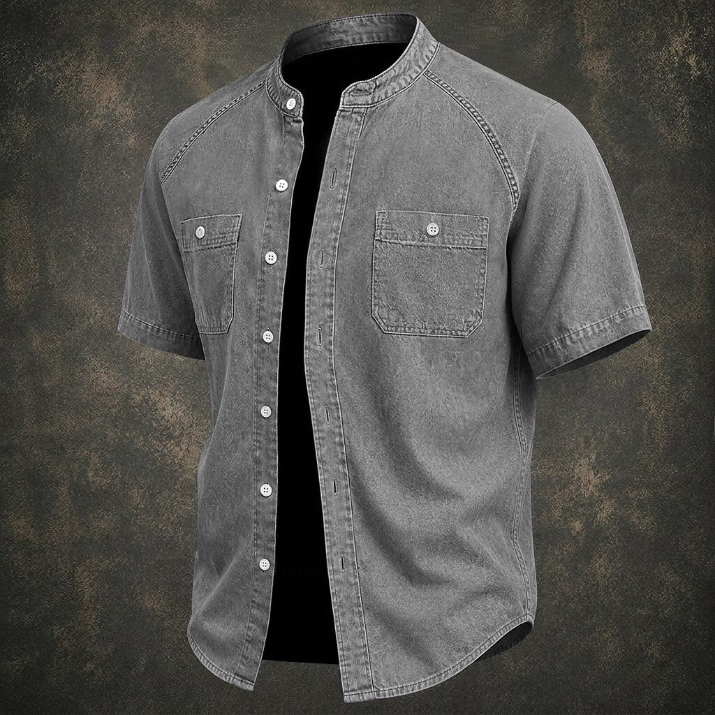 Washed Cotton Grandad Collar Shirt