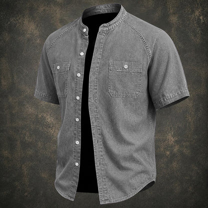 Washed Cotton Grandad Collar Shirt