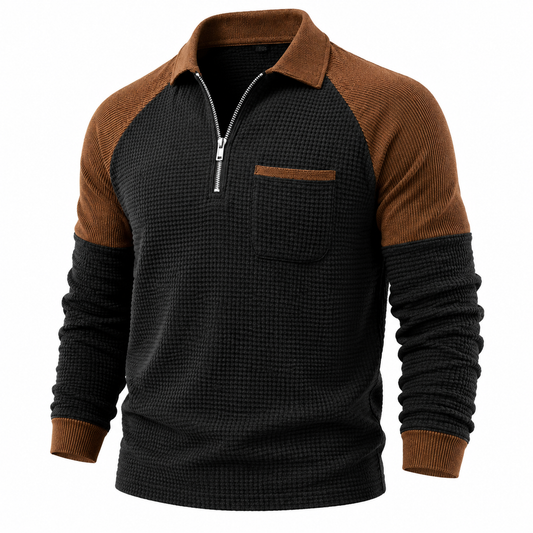 Textured Quarter Zip Colorblock  Waffle Polo