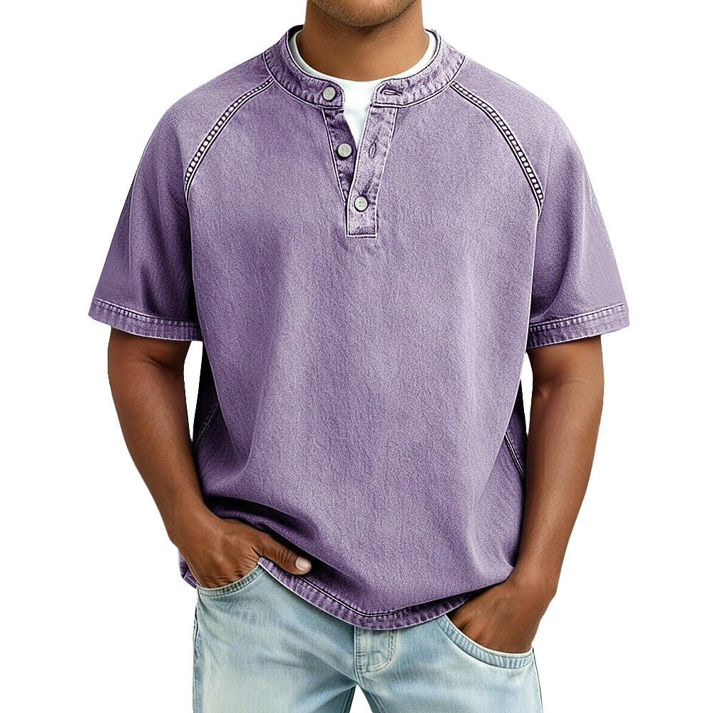 Lightweight Henley Shirt-Acid Wash Vintage Casual Top for Men