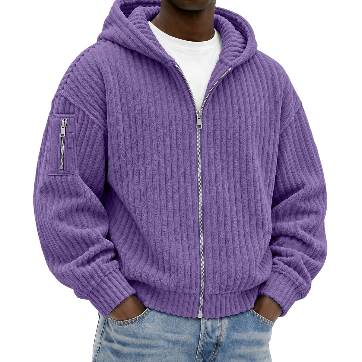 Full Zipped Textured Corduroy Hoodie