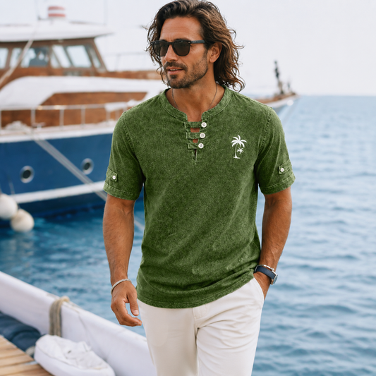 100% Cotton Palm Tree Washed Henley T-Shirt