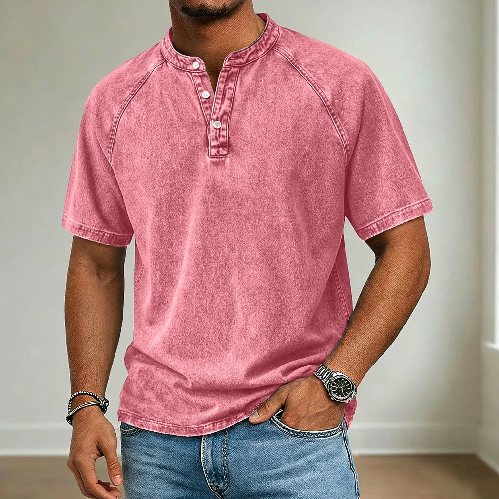 Retro 100% Cotton Demin Henley T-Shirt