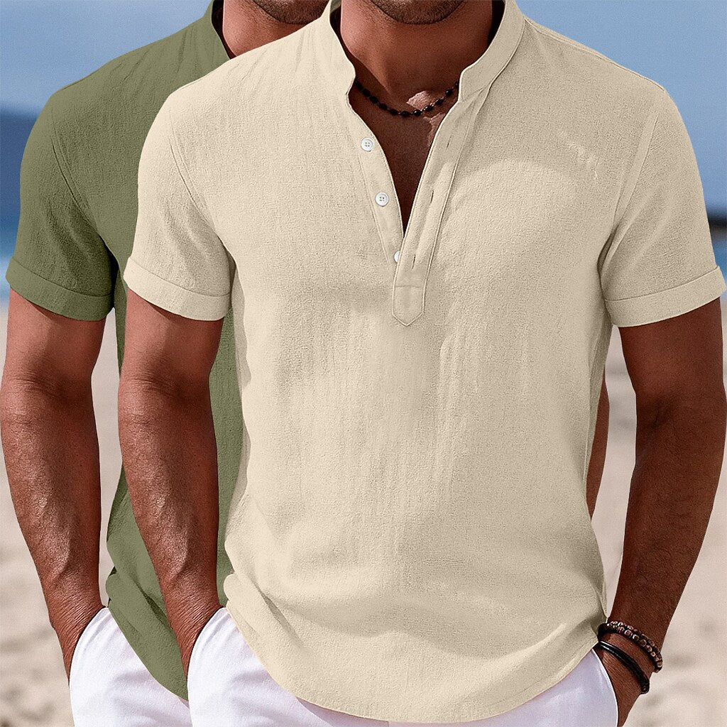 2Pcs Men's Casual Linen Shirts - Short Sleeve Summer Essential