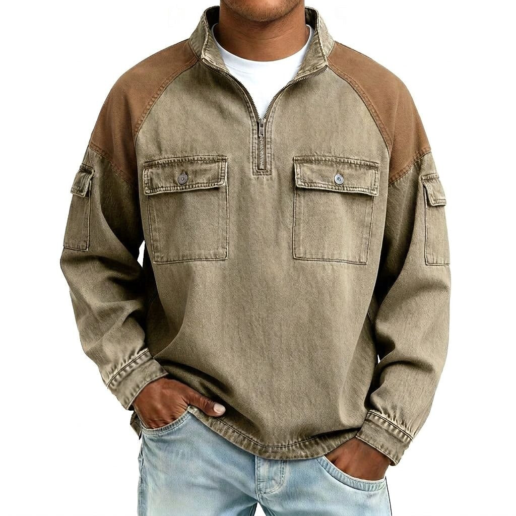 Broken-in Cotton Colorblock Zipped Henley Shirt