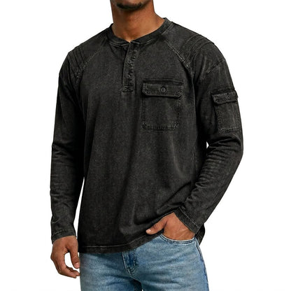 Vintage Stand Collar Washed Cotton Henley
