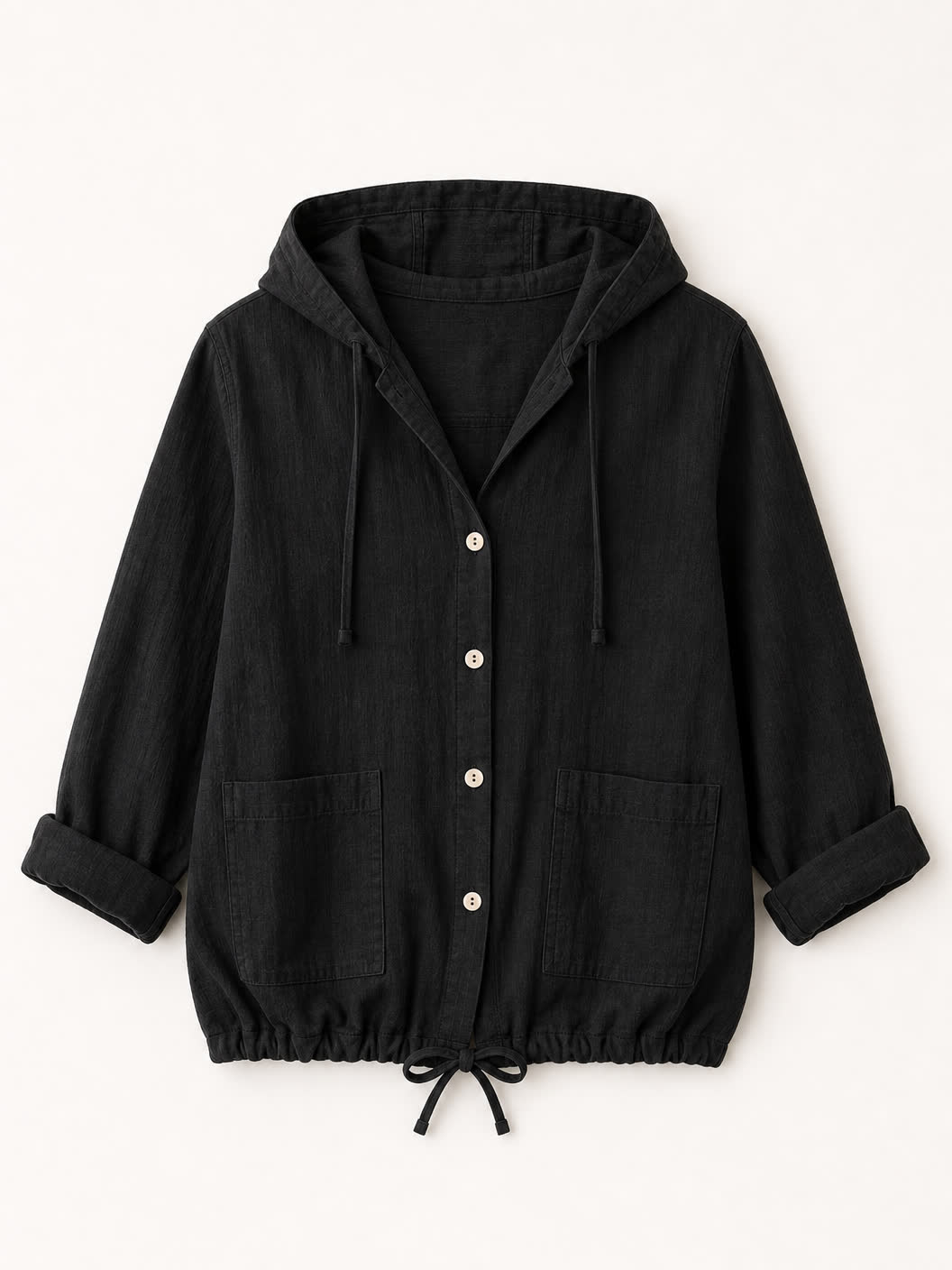 LoomBasics black 100% cotton hooded drawstring shirt with button-down front and side pockets