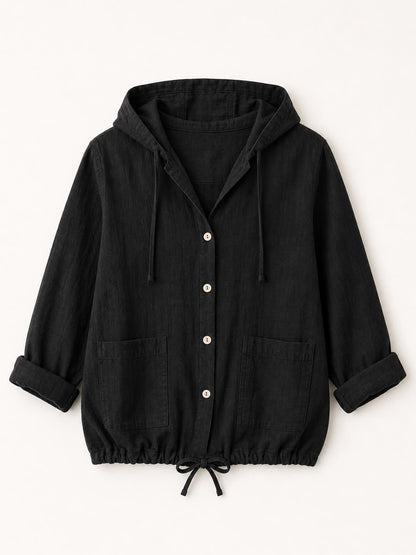 LoomBasics black 100% cotton hooded drawstring shirt with button-down front and side pockets