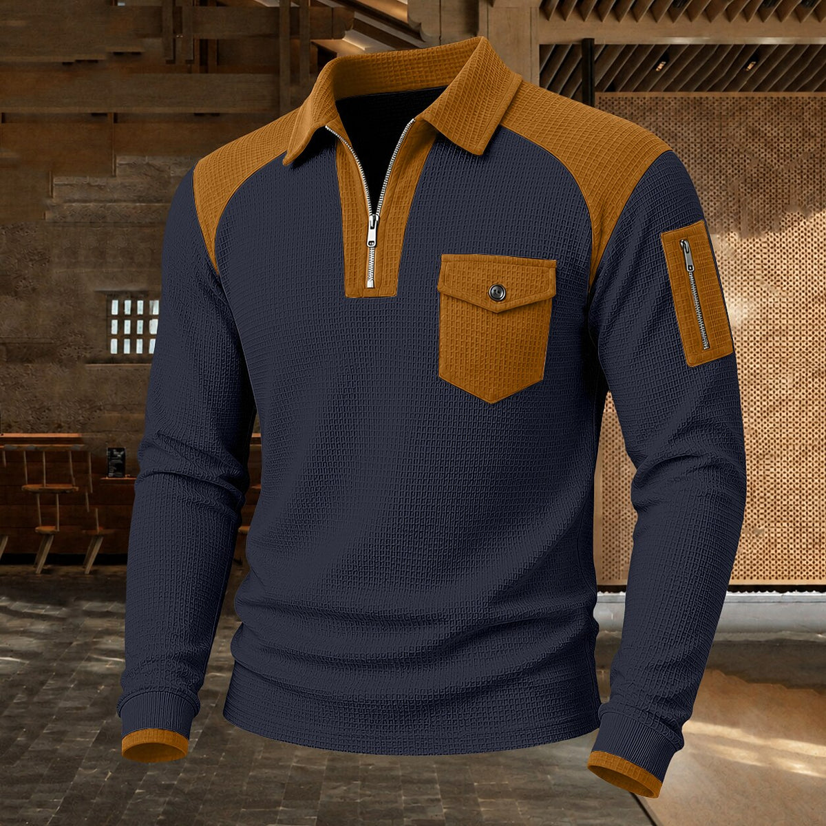 Colorblock Quarter Zip Waffle Polo