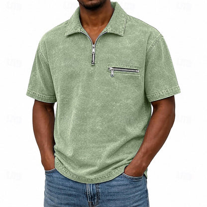 Zip Up Washed Cotton Polo