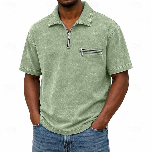 Zip Up Washed Cotton Polo