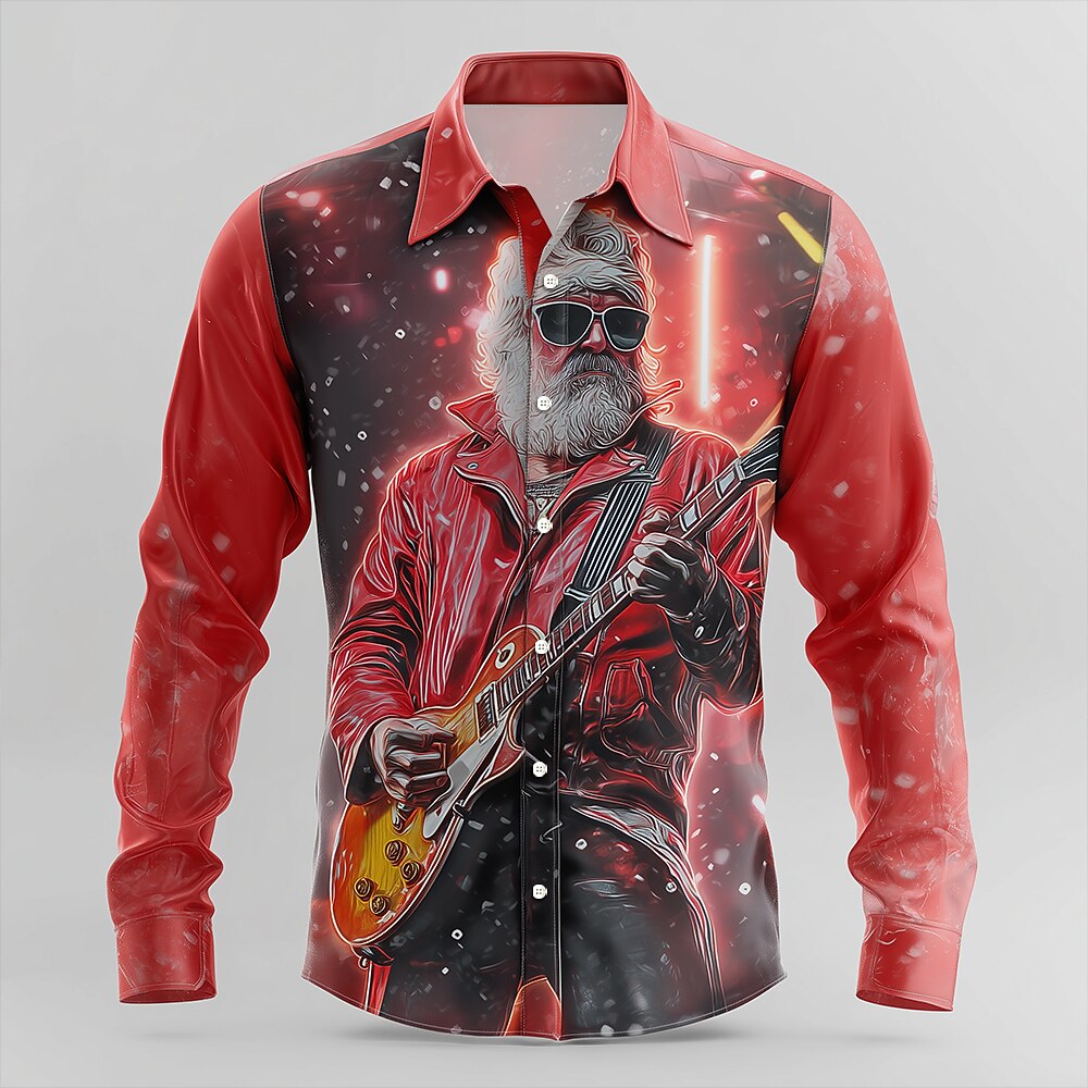 Christmas Santa Rock Guitar Button Shirt