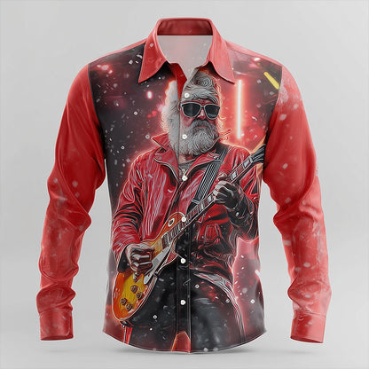 Christmas Santa Rock Guitar Button Shirt