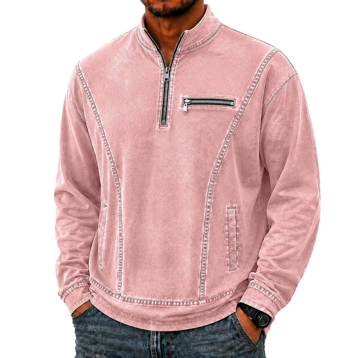 Quarter Zip Washed Cotton Polo Shirt