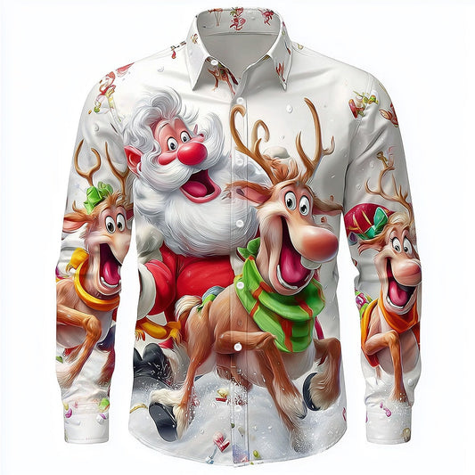 Men's Santa Reindeer Christmas Cartoon Button Shirt