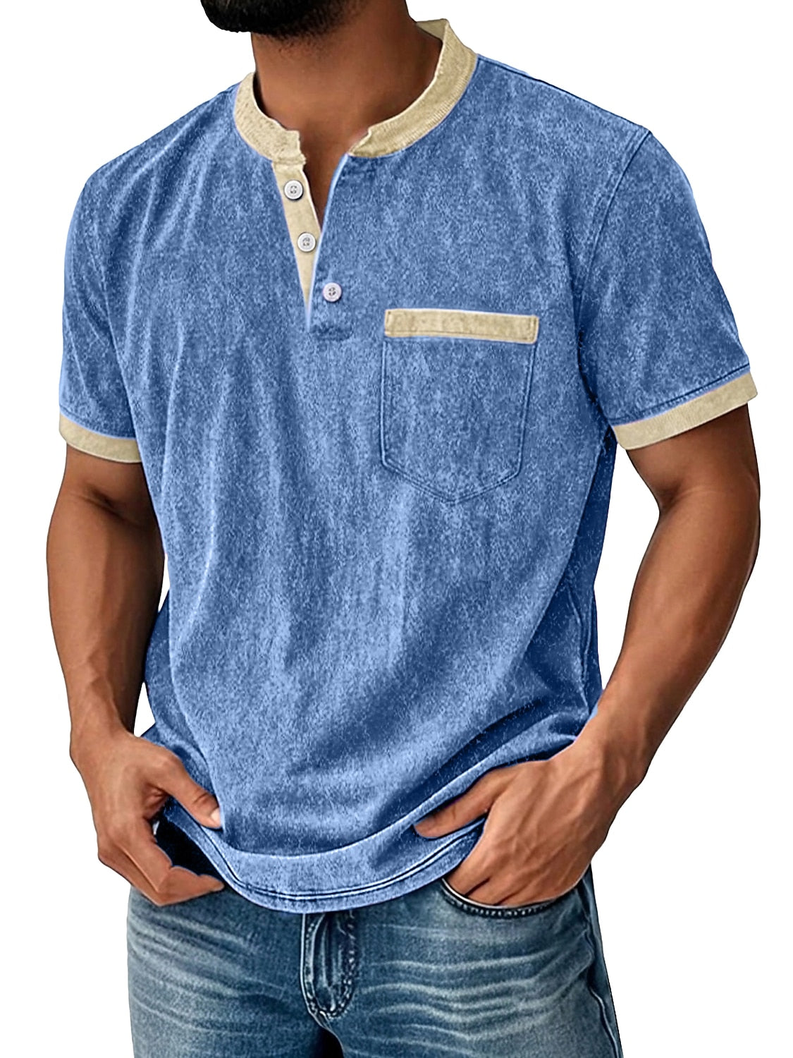 Colorblock 100% Cotton Acid Wash Henley Shirt