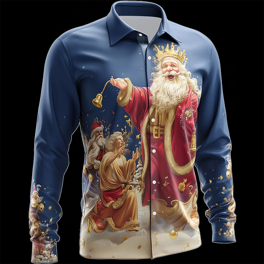 Christmas Santa Snowman Tree Button Shirt