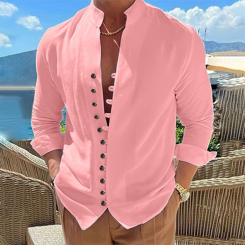 Men's Cotton Linen Shirt- Button-Up Band Collar