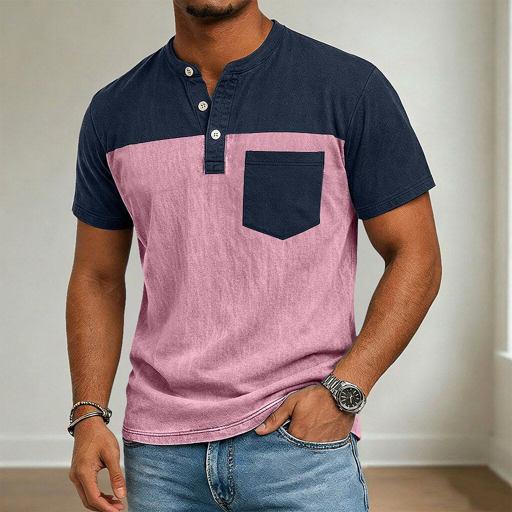 100%Cotton Color Block Henley T-Shirt