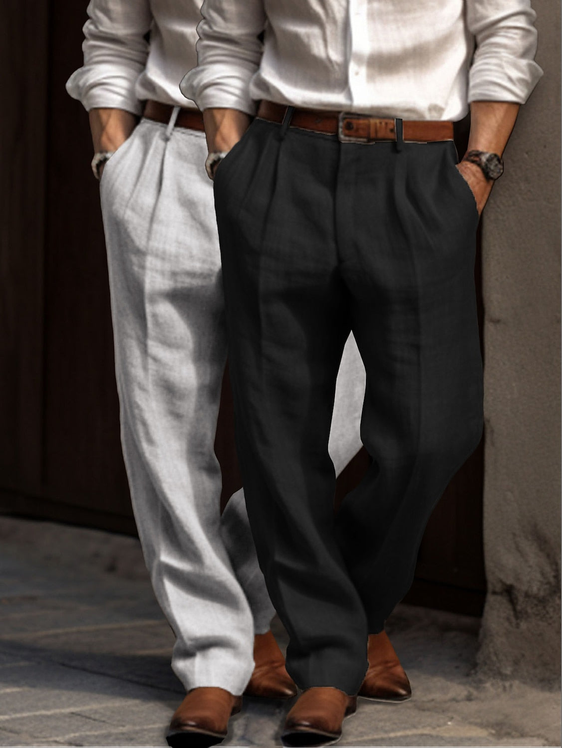 Men's Linen Dress Pants - Pleated Pants Straight Leg for Summer Comfort