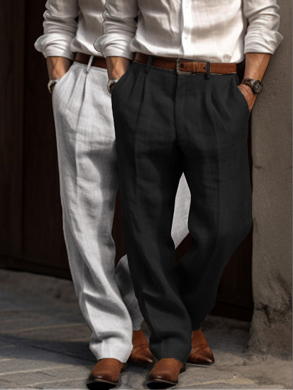 Men's Linen Dress Pants - Pleated Pants Straight Leg for Summer Comfort