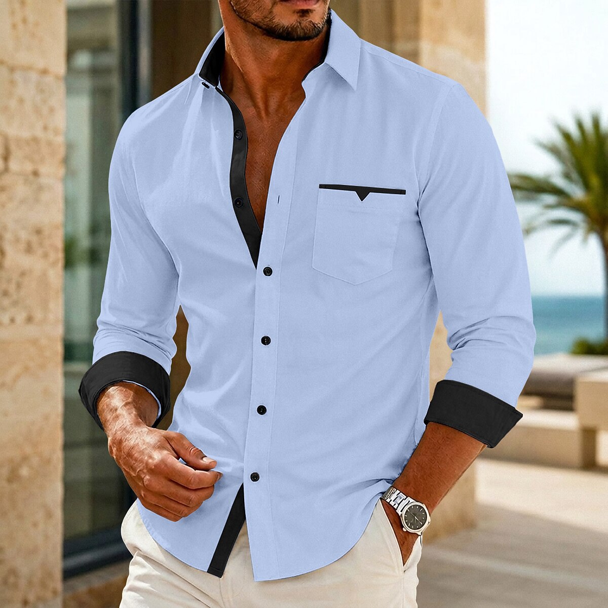Colorblock Button Up Dress Shirt