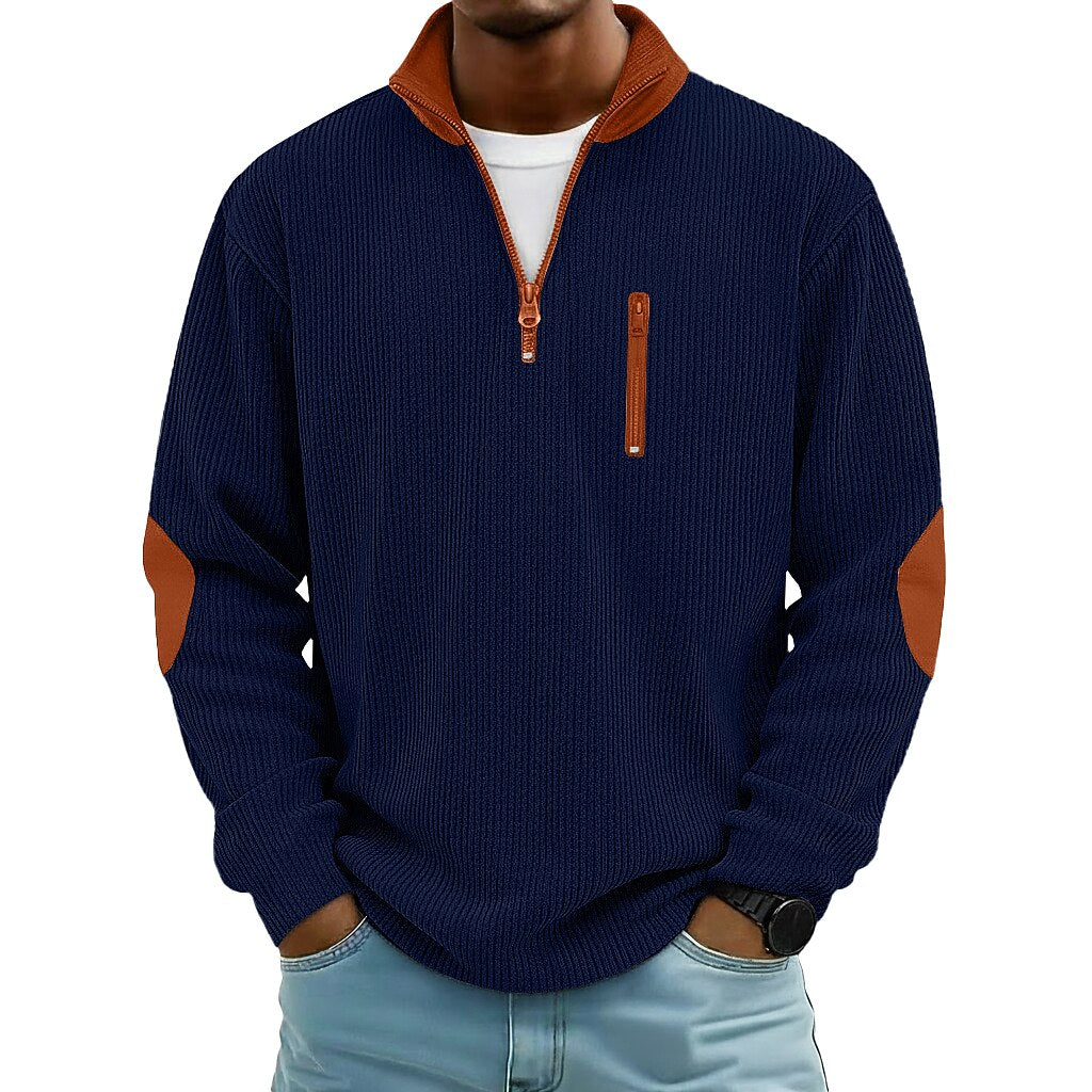 Patchwork Corduroy Zipped Henley Shirt